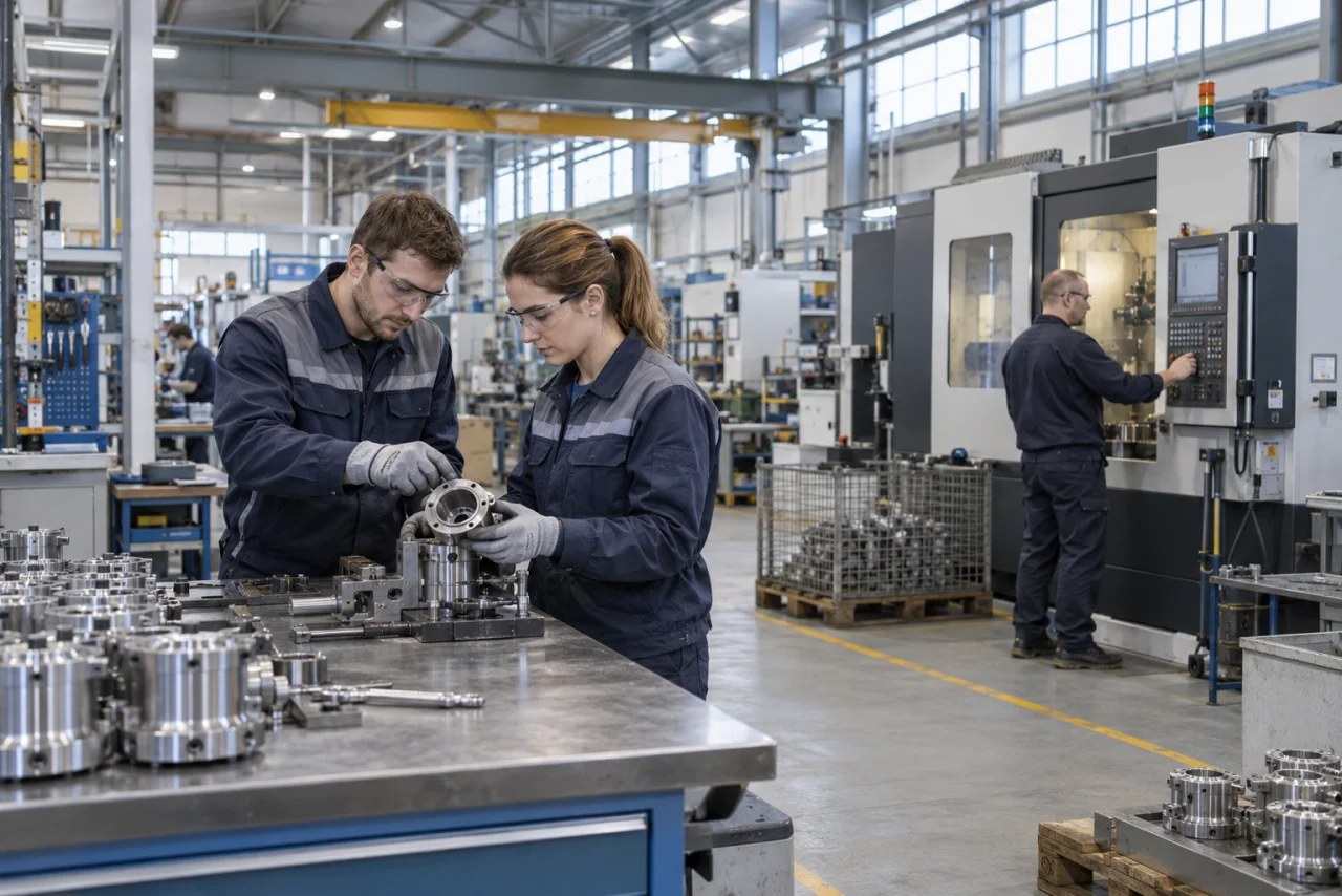 Pracownicy przy montażu części i obsłudze maszyn w hali produkcyjnej